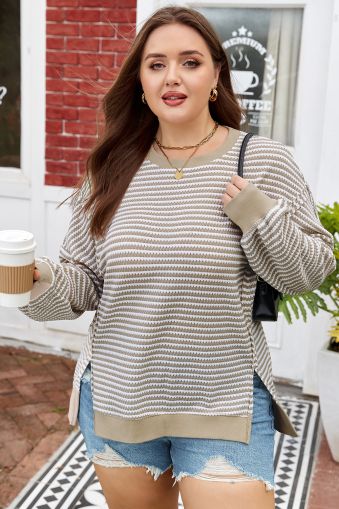 Women's Striped Ribbed Trim Drop Shoulder Long Sleeve Oversized Top