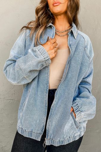 Women's Boyfriend Style Blue Denim Jacket with Multi Pockets and Side Tie Details