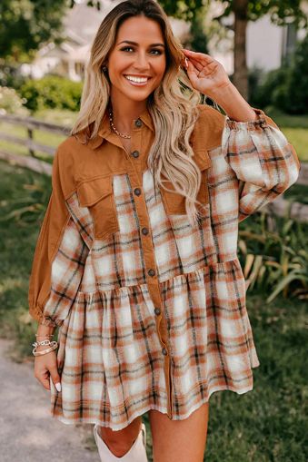 Women’s Plaid Shirt Dress in Warm Brown Tones