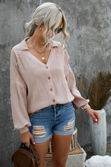Pink Turn Collar V Neck Crinkled Cuffed Shirt