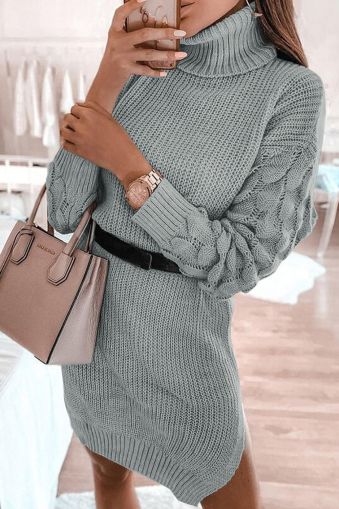 Gray Plain Turtleneck Sweater Dress with Slits