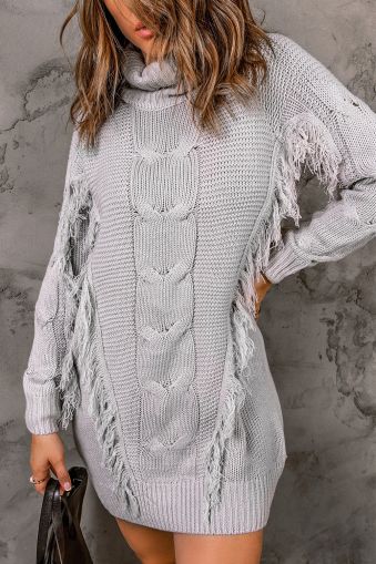 Gray Twist Fringe Casual High Neck Sweater Dress