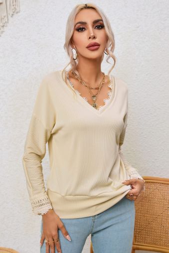 White Ribbed Texture Lace Trim V Neck Long Sleeve Top