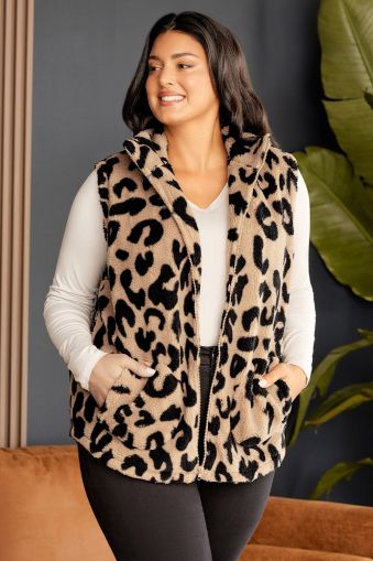 Leopard Plus Size Stand Neck Zipped Front Sherpa Jacket Vest