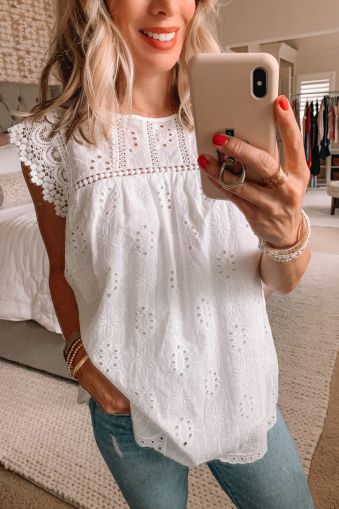 White Sleeveless Eyelet Tank Top