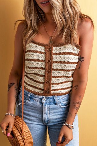 Chestnut Striped Buttoned Cropped Knitted Vest