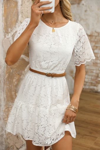 Scalloped Floral Lace Crochet Short Sleeve Mini Dress