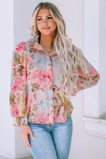 Pink All Floral Puff Sleeve Collared Shirt