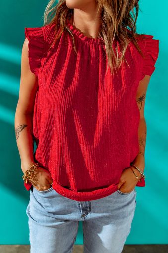 Fiery Red Ruffled Ribbed O-neck Sleeveless Top