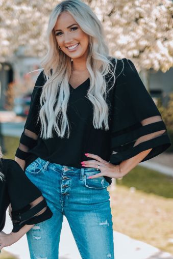 Black Flare Sleeve V Neck Loose Blouse