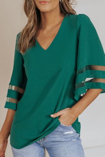 Green Flare Sleeve V Neck Loose Blouse