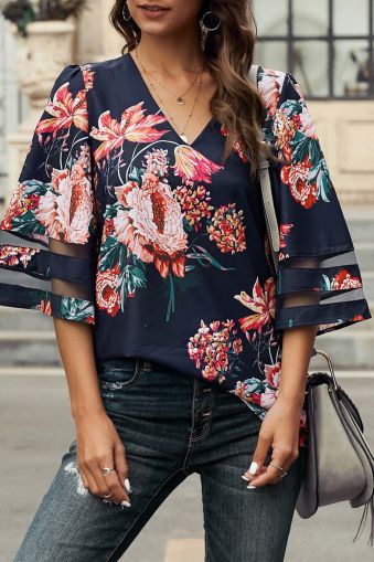 3/4 Flared Sleeve Floral Blouse