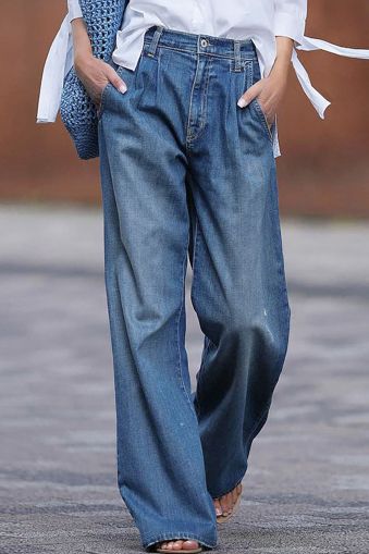 Blue Slouchy Wide Leg Jeans, 100% Cotton