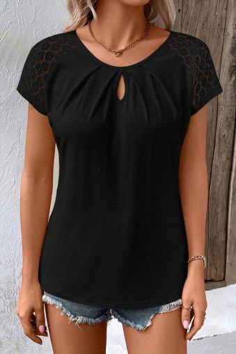 Black Contrast Lace Sleeve Keyhole Decor Top