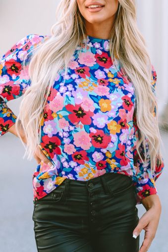 Blue Mock Neck Bubble Sleeve Floral Print Blouse