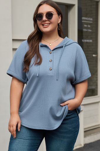 Ashleigh Blue Plus Size Waffle Knit Short Sleeve Drawstring Hoodie