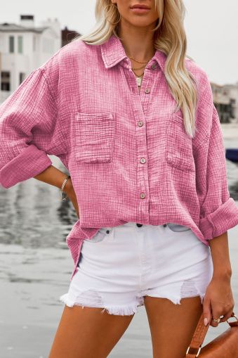 Pink Mineral Wash Crinkle Textured Chest Pockets Shirt