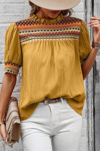 Mustard Geometric Short Puff Sleeve Frilled Collar Blouse