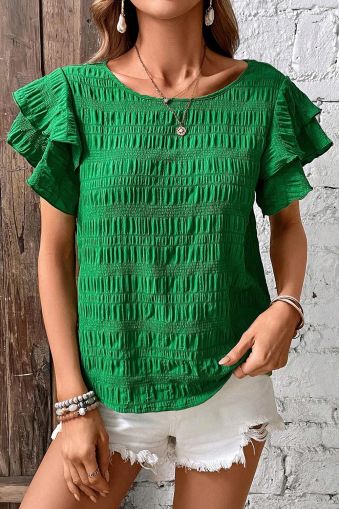 Dark Green Textured Ruffled Sleeve Round Neck Top