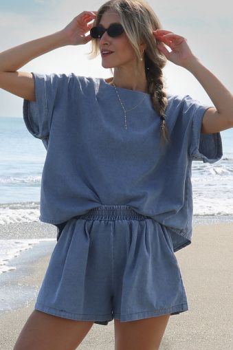 Blue Denim Cuffed Sleeve Tee Elastic Shorts Set