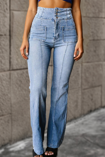 Light Blue Fly Button Exposed Seam Patched Pocket Flare Jeans