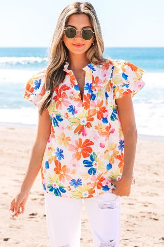 White Floral Bouquet Flutter Top