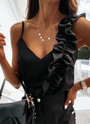 Women's Black Asymmetric Ruffled Strap Top