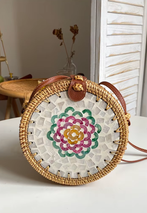 Round Mosaic Rattan Bag – Boho Crossbody for Summer & Vacation