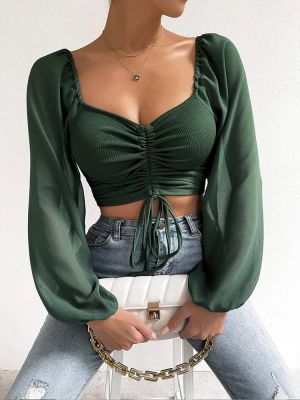 Cropped Long Sleeve Top with Front Drawstring and Square Neck