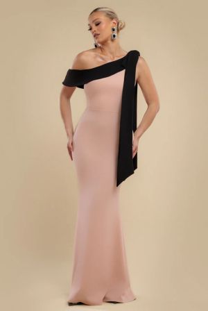Elegant Nude and Black One-Shoulder Maxi Dress with Statement Bow