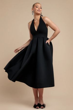 Elegant Contrast Midi Dress with Back Bow Detail