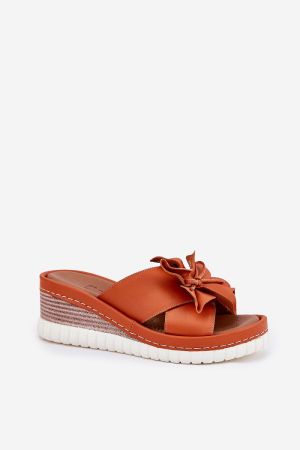 Women’s Leather Wedge Slippers with Decorative Flower – Step in Style