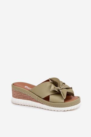 Women’s Leather Wedge Slippers with Decorative Flower – Step in Style