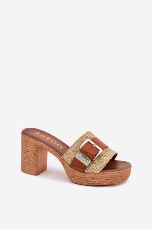 Women’s Natural Leather Heeled Mules with Buckle and Woven Detail – Zazoo