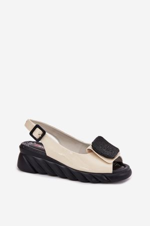 Women’s Beige Leather Wedge Sandals with Buckle and Decorative Detail