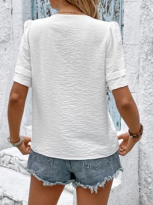 Women's White Short Sleeve Blouse with Buttons and Floral Embroidery