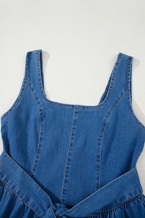 Sail Blue Square Neck Bowknot A-line Sleeveless Denim Dress