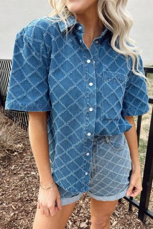 Dusk Blue Checkered Textured Short Sleeve Patched Pocket Denim Shirt