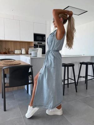 Sleeveless Long Denim Dress with Belt and Front Buttons