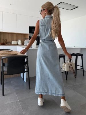 Sleeveless Long Denim Dress with Belt and Front Buttons