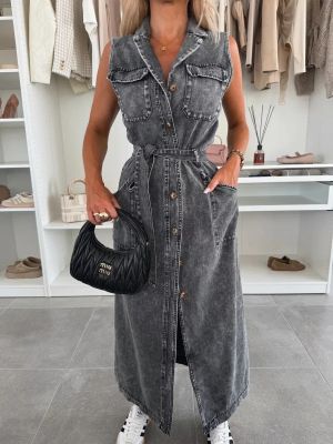 Sleeveless Long Denim Dress with Belt and Front Buttons