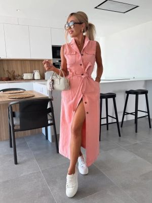 Sleeveless Long Denim Dress with Belt and Front Buttons
