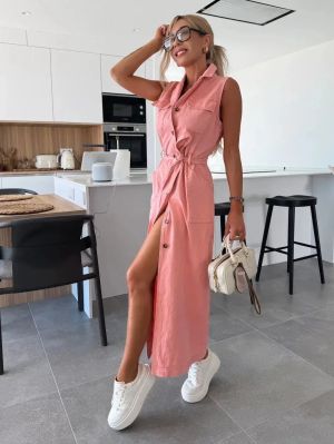 Sleeveless Long Denim Dress with Belt and Front Buttons