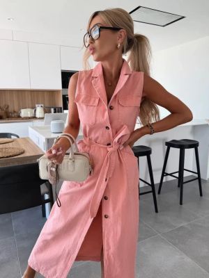 Sleeveless Long Denim Dress with Belt and Front Buttons