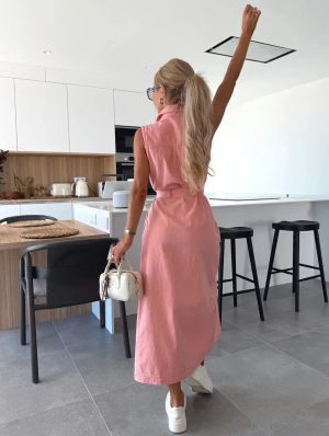 Sleeveless Long Denim Dress with Belt and Front Buttons