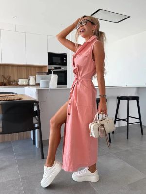 Sleeveless Long Denim Dress with Belt and Front Buttons