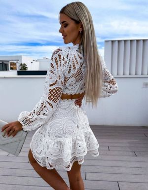 White Lace Two-Piece Set with Long Sleeves and Ruffled Mini Skirt