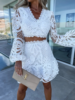 White Lace Two-Piece Set with Long Sleeves and Ruffled Mini Skirt