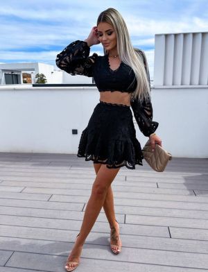 Black Lace Two-Piece Set with Long Sleeves and Ruffled Mini Skirt