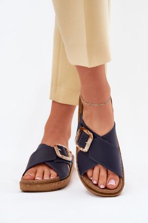 Women's Navy Blue Leather Sandals INBLU with Anatomical Insole and Buckle